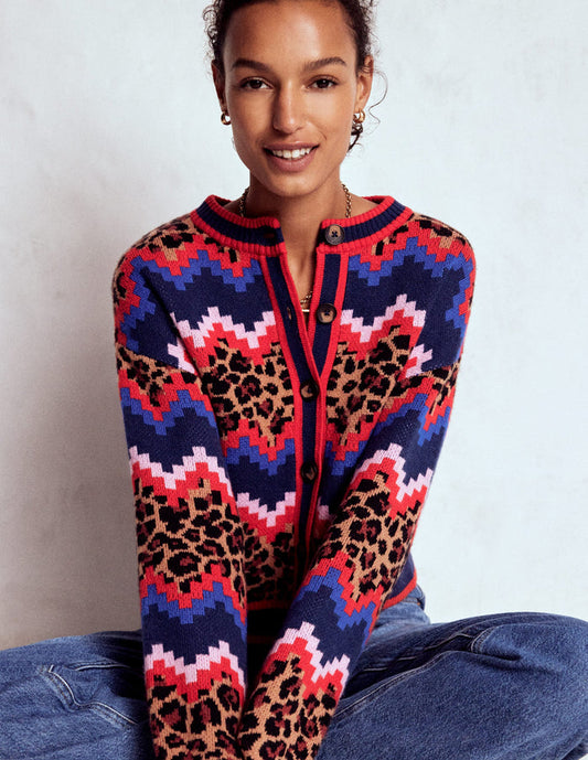 Abi Jacquard Cardigan Multi Fair Isle, Leopard