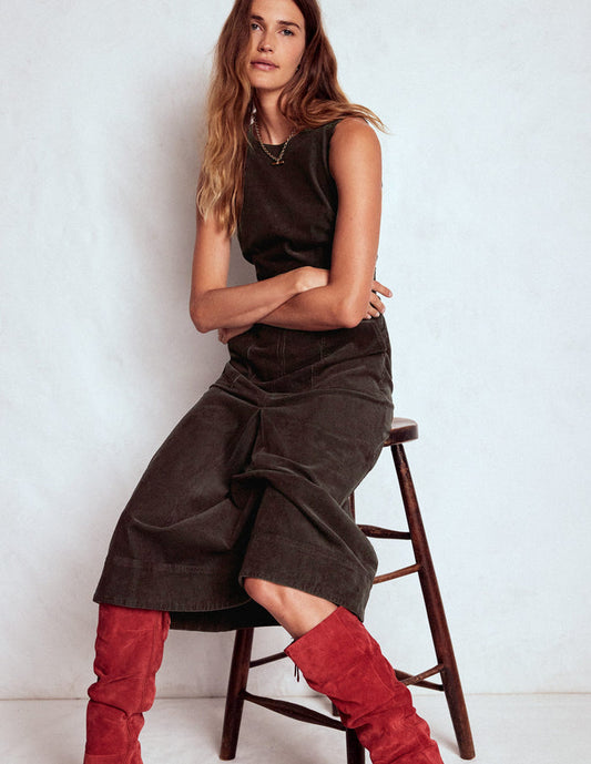 Ula Box Pleat Cord Midi Dress Espresso
