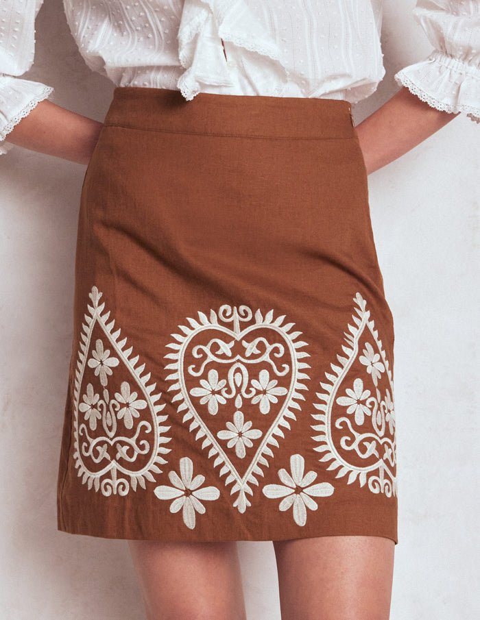 Embroidered Linen Skirt Russet Embroidery
