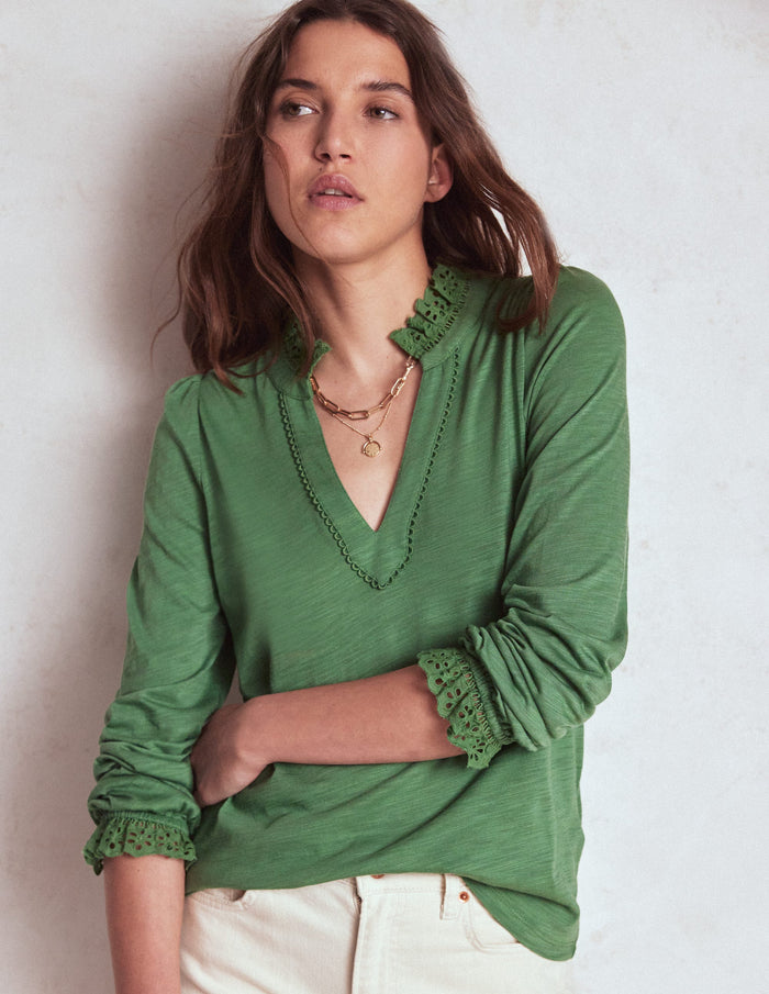 Aria Broderie Notch Neck Top Newt Green