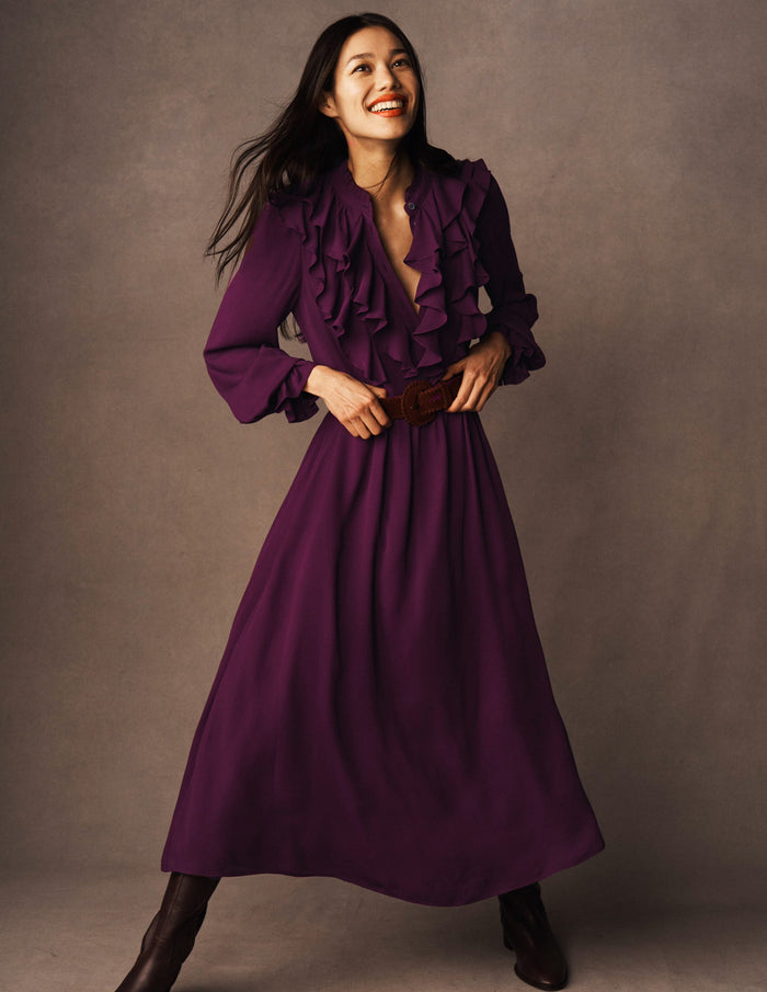Ruffle Front Shirt Dress Dark Cherry