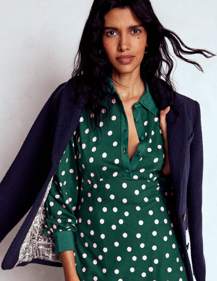 Empire Waistline Shirt Dress Emerald Night, Painted Dot