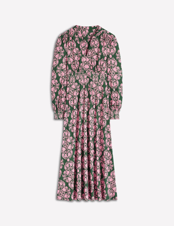 Ivy Smocked Midi Dress Green, Ornamental Lattice