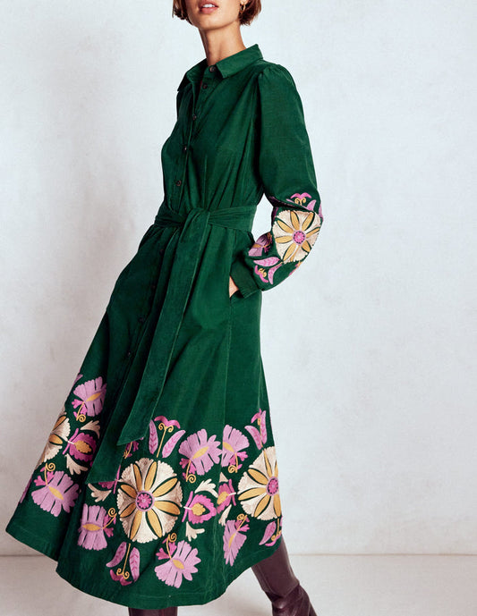 Clara Cord Midi Dress Emerald Night, Embroidery