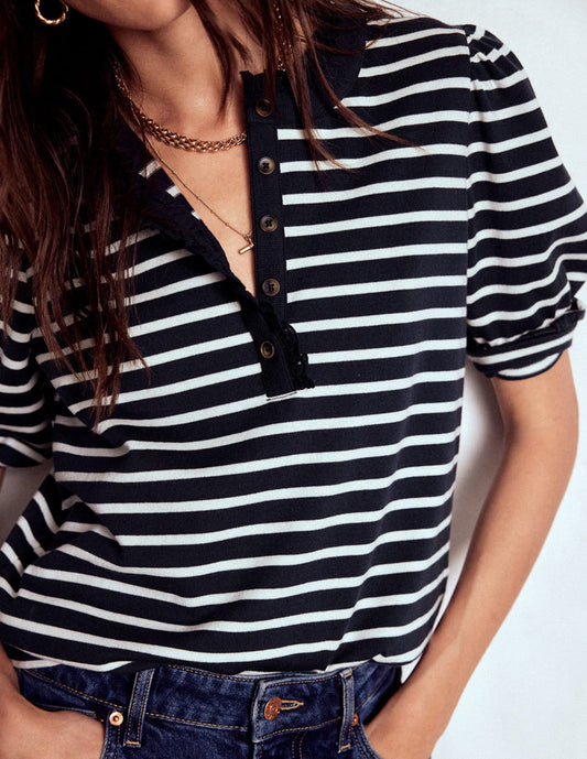 Puff Sleeve Henley Navy, Ivory Stripe