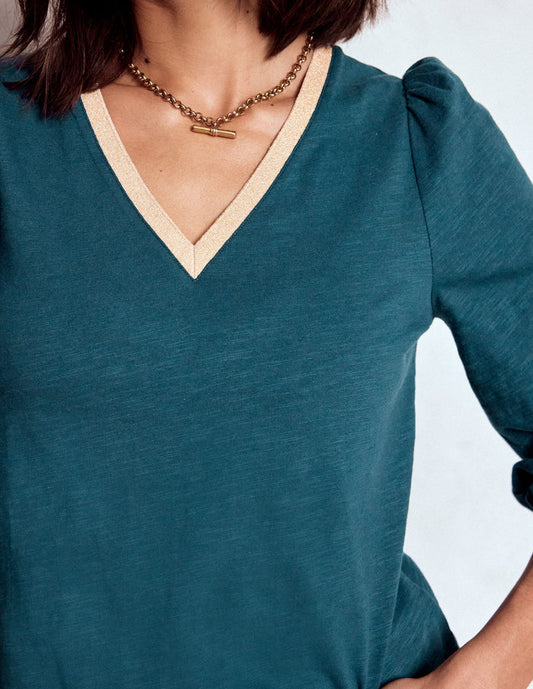 Metallic Trim Long Sleeve Top Midnight Teal