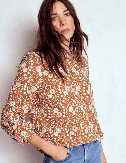 Embroidered Cotton Dobby Top Brown