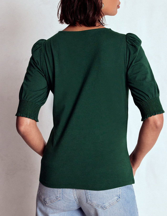 Short Sleeve Smocked Cuff Top Green Pine