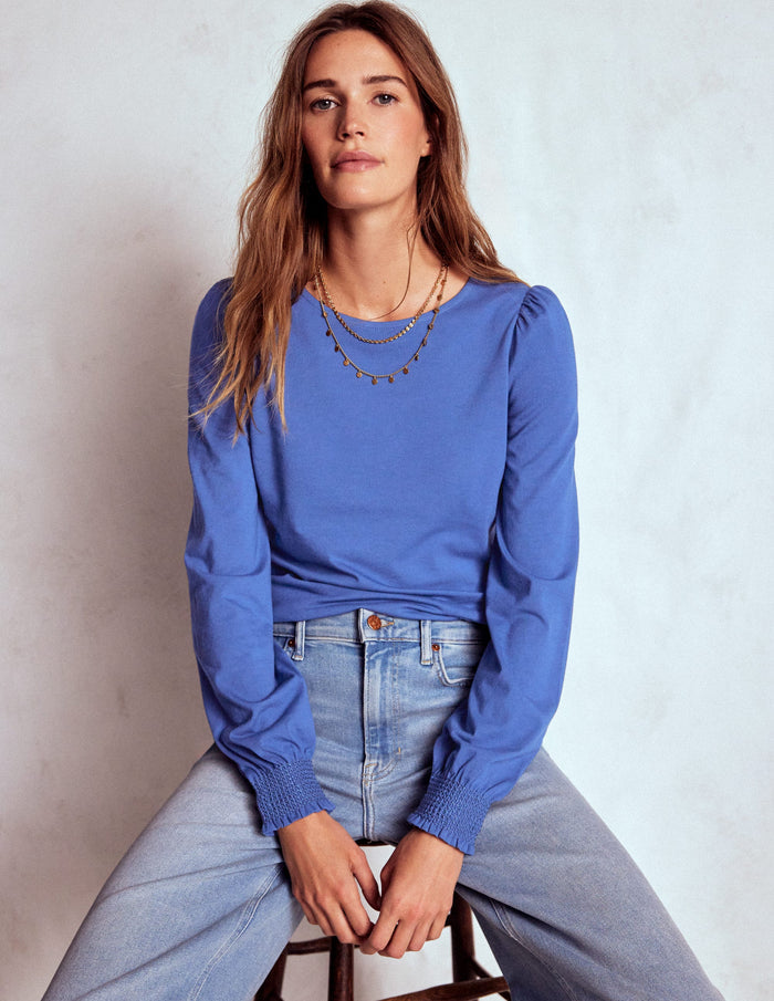 Smocked Cuff Supersoft Top Denim Blue