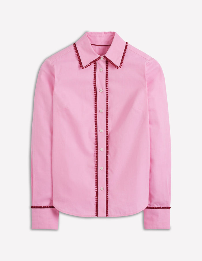 Sienna Interest Cotton Shirt Pink, Pom Trim