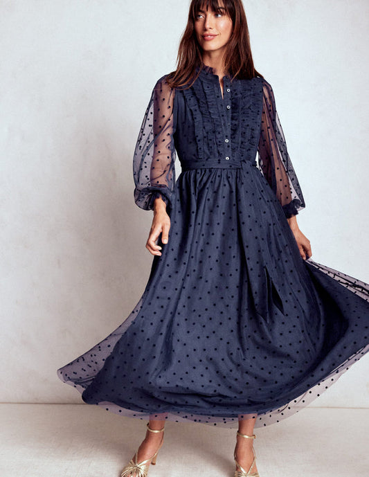 Tulle Ruffle Maxi Dress Navy