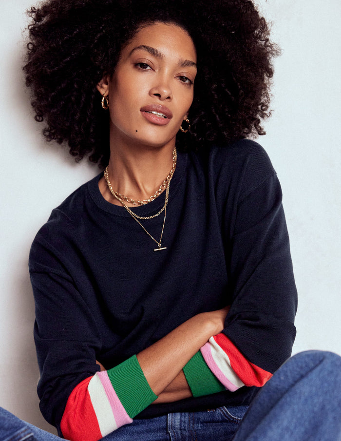 Lara Relaxed Cotton Jumper Navy Cuff Stripe