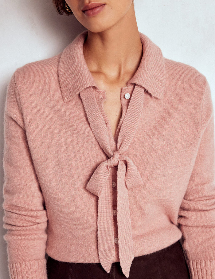 Collared Tie Front Cardigan Misty Rose Pink