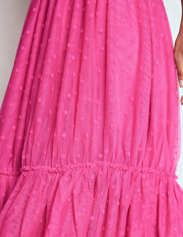 Anna Tulle Midi Skirt Pink Flocked Spot