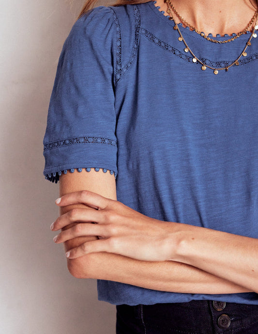 Mila Lace Trim Top Denim Blue