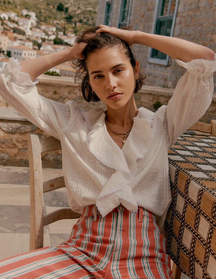 Ruffle V-Neck Blouse White
