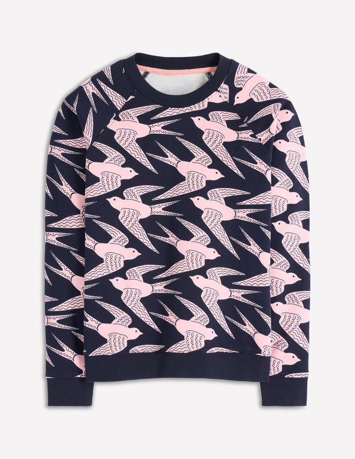 Rosa Printed Sweatshirt Navy, Pink Swooping Swallow