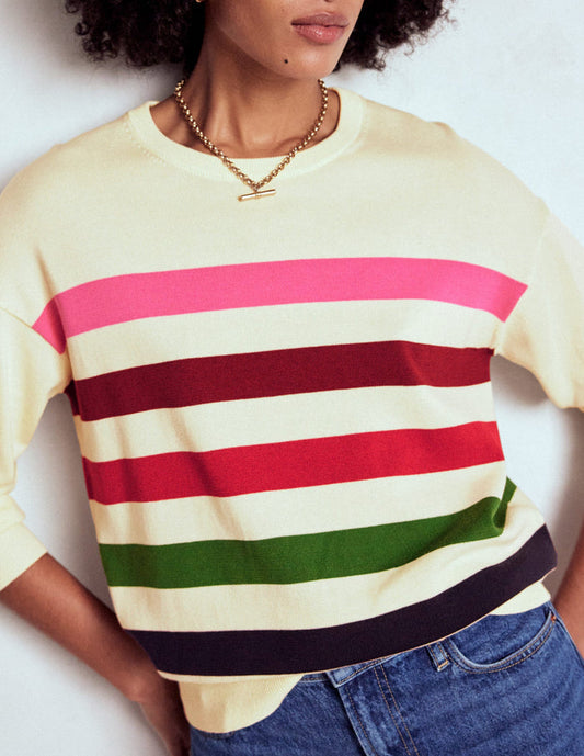 Lara Relaxed Cotton Jumper Ivory, Multi Stripe