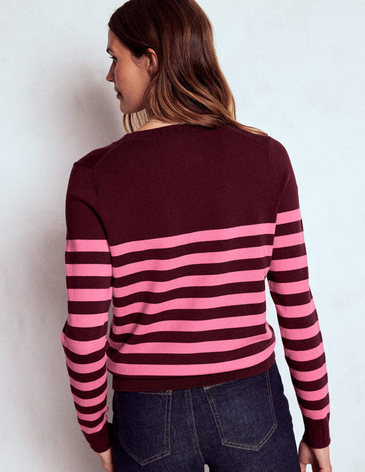 Emilia Cotton Crew Sweater Chestnut/Pink Stripe