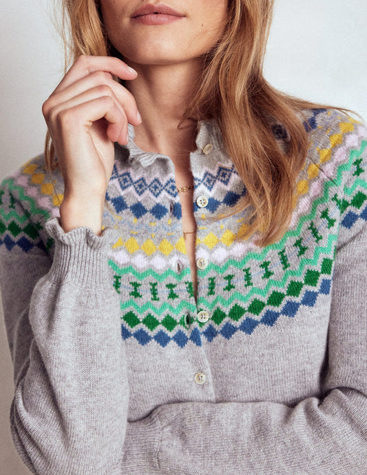 Fae Fair Isle Frilled Cardigan Grey Melange