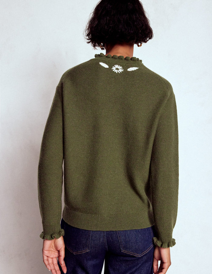 Embroidered Frill Sweater Woodland Green Melange