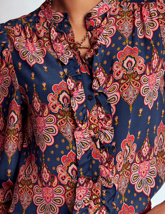 Alice Frill Front Silk Top Navy, Embellished Paisley