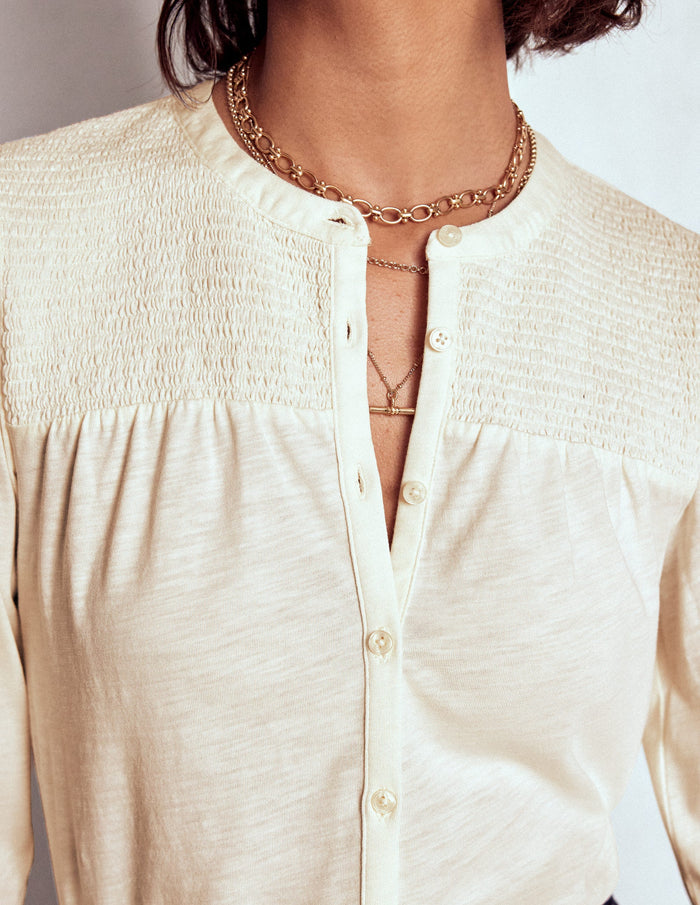 Elsa Smocked Yoke Jersey Shirt Ivory