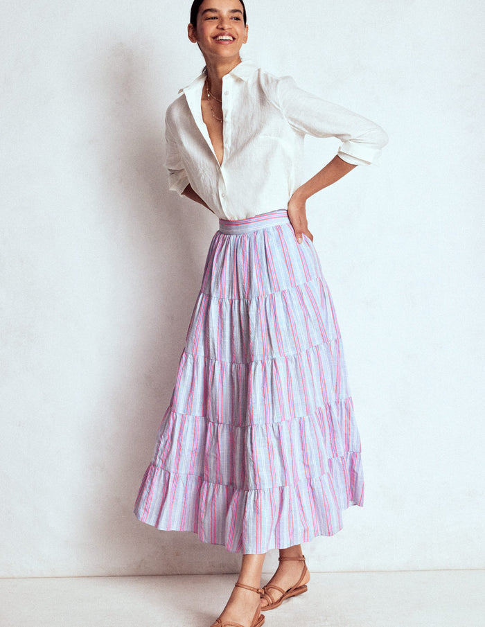 Tiered Poplin Midi Skirt Metallic Stripe