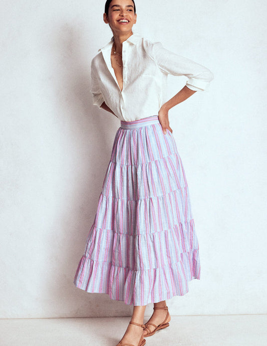 Tiered Poplin Midi Skirt Metallic Stripe