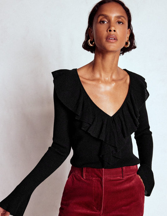 Ruffled Rib Henley Sweater Black