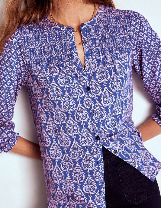 Elsa Smocked Yoke Jersey Shirt Bright Blue, Ornate Geo