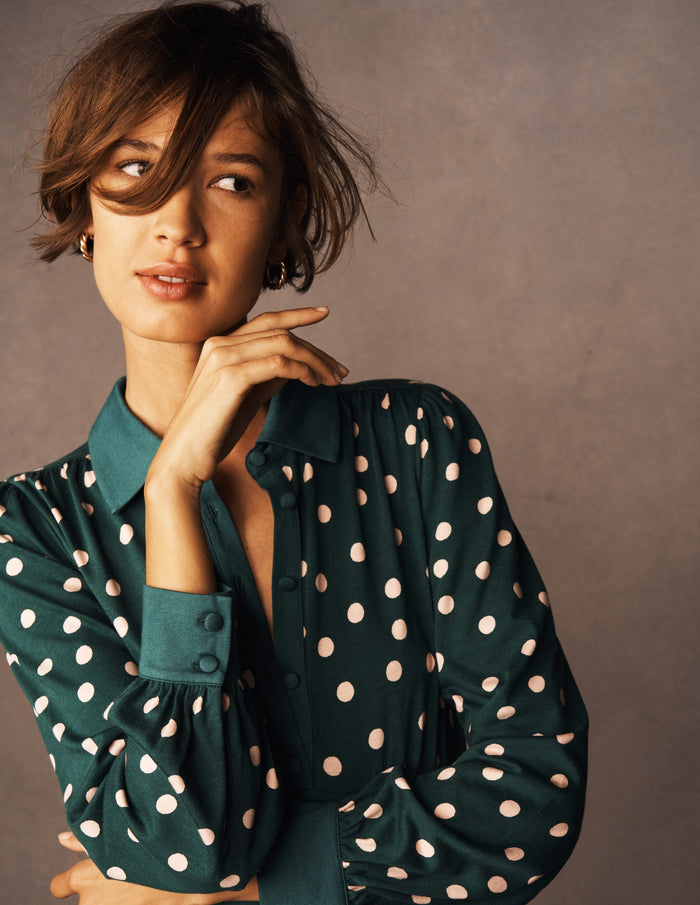 Empire Waistline Shirt Dress Emerald Night, Painted Dot