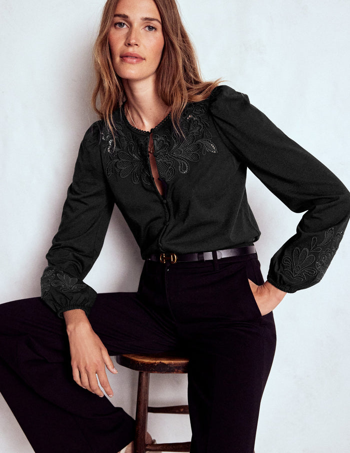 Cutwork Detail Jersey Top Black
