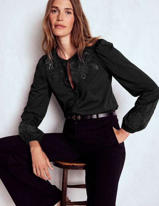 Cutwork Detail Jersey Top Black