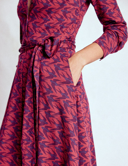 Marcia Jersey Shirt Dress Burgundy Red, Swooping Swallow
