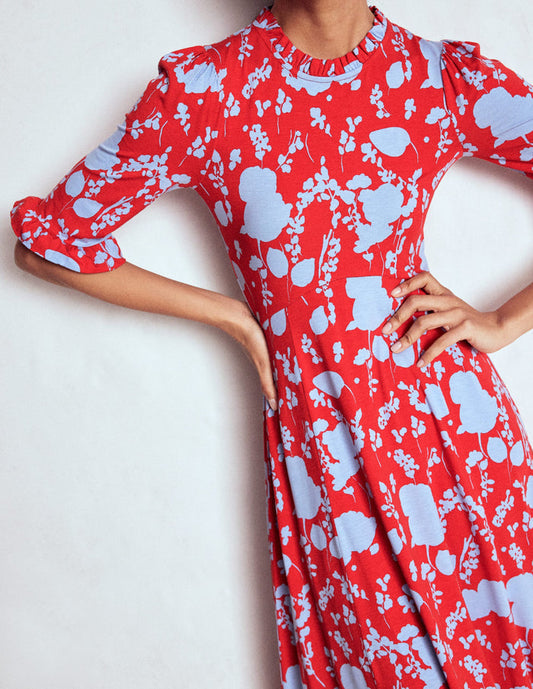 Ruffle Seamed Midi Dress Poppy Red, Dainty Sprigs
