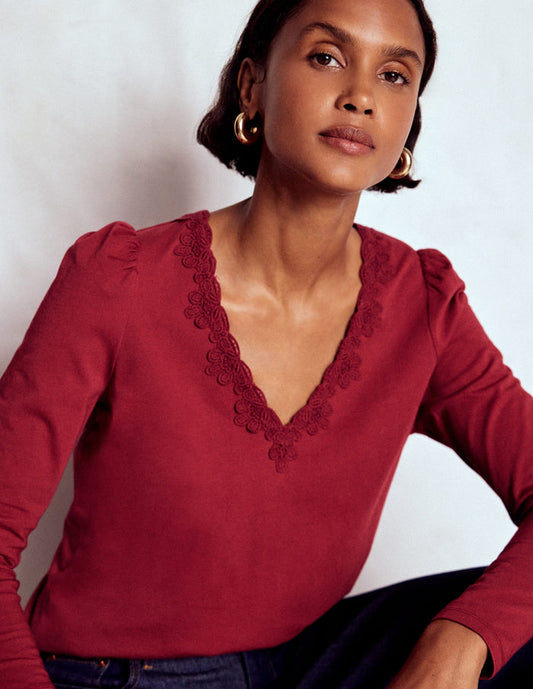 Flora Lace V-neck Top Burgundy Red
