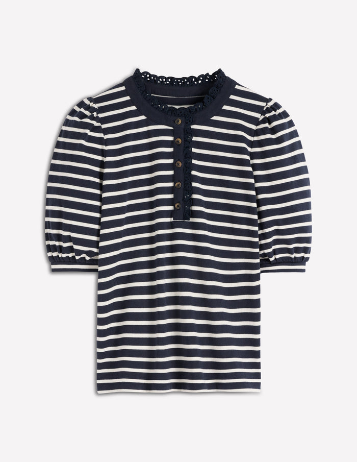 Puff Sleeve Henley Navy, Ivory Stripe
