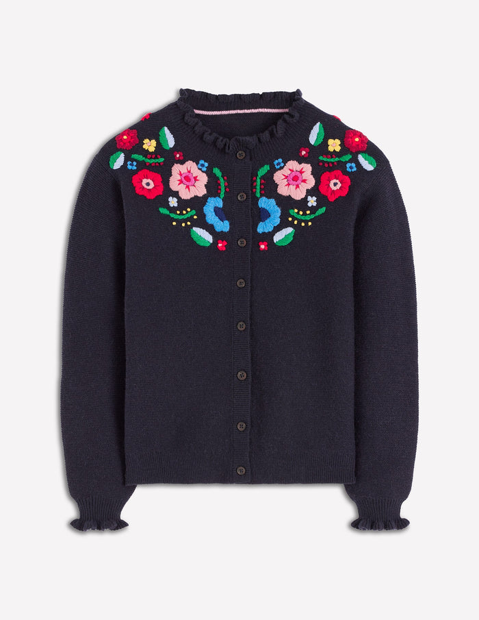 Embroidered Frill Cardigan Navy