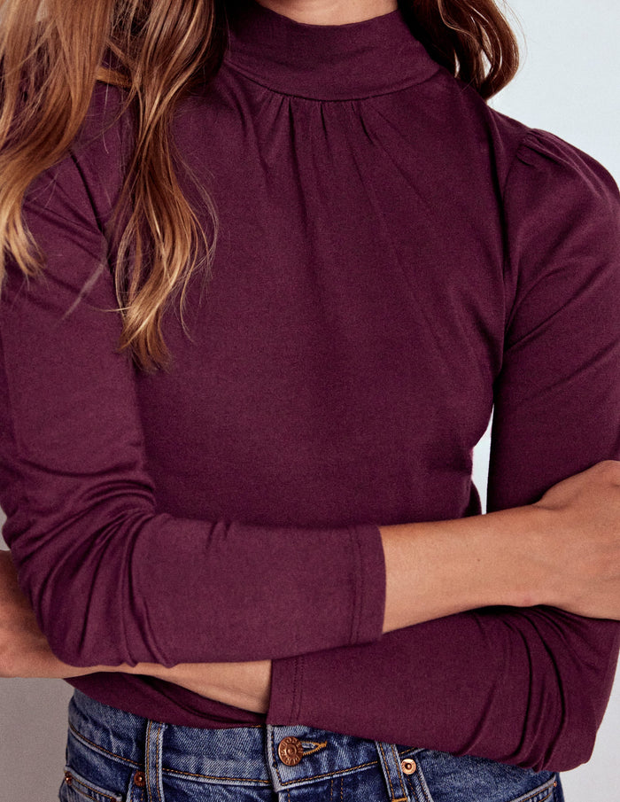 Puff Shoulder Jersey Top Dark Cherry