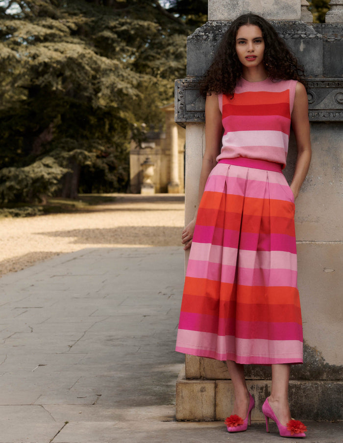 Verity Cotton Midi Skirt Pink Tonal Multistripe