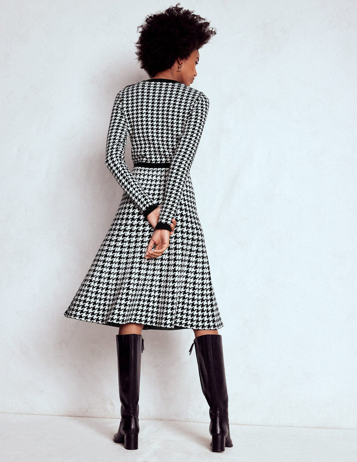 Maria Button Knitted Dress Black and Ivory Dogstooth