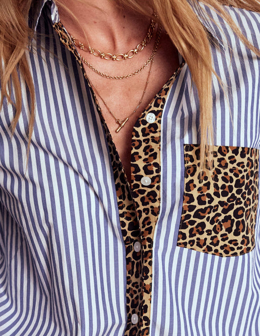 Sadie Relaxed Cotton Shirt Blue Stripe, Cheetah Pop Hotch