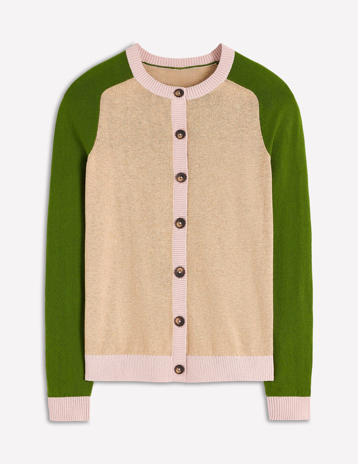 Meg Raglan Sleeve Cardigan Oatmeal, Green Colour Block