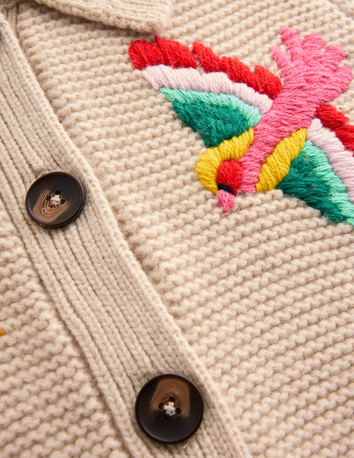 Embroidered Collared Cardigan Ecru Marl