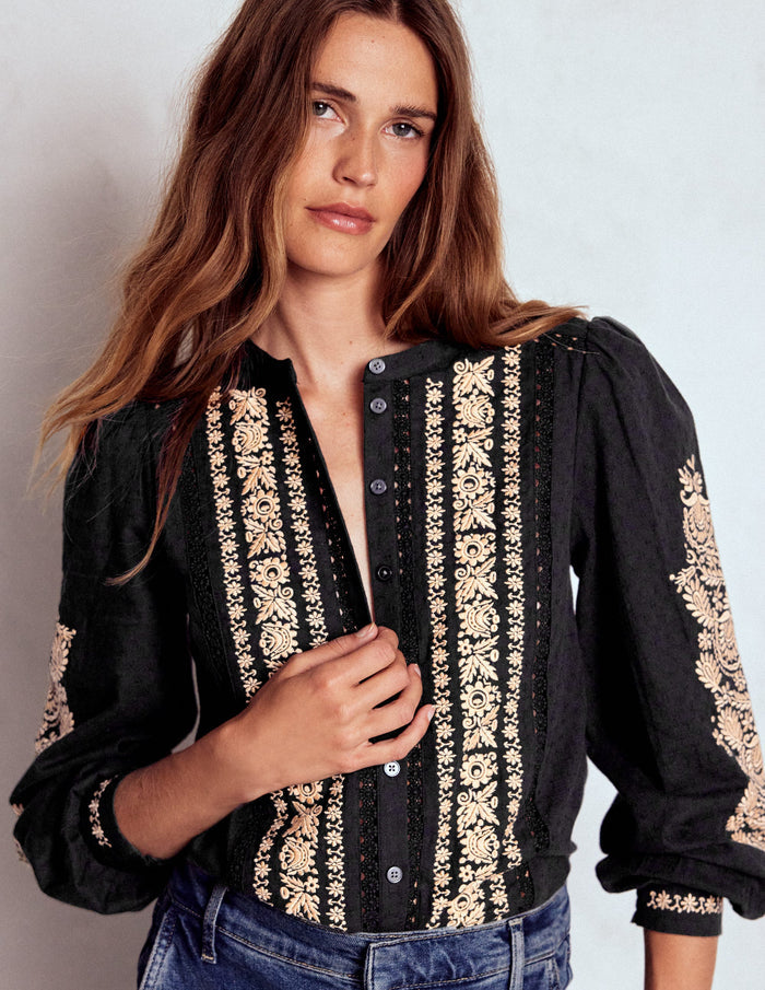 Embroidered Cotton Top Black