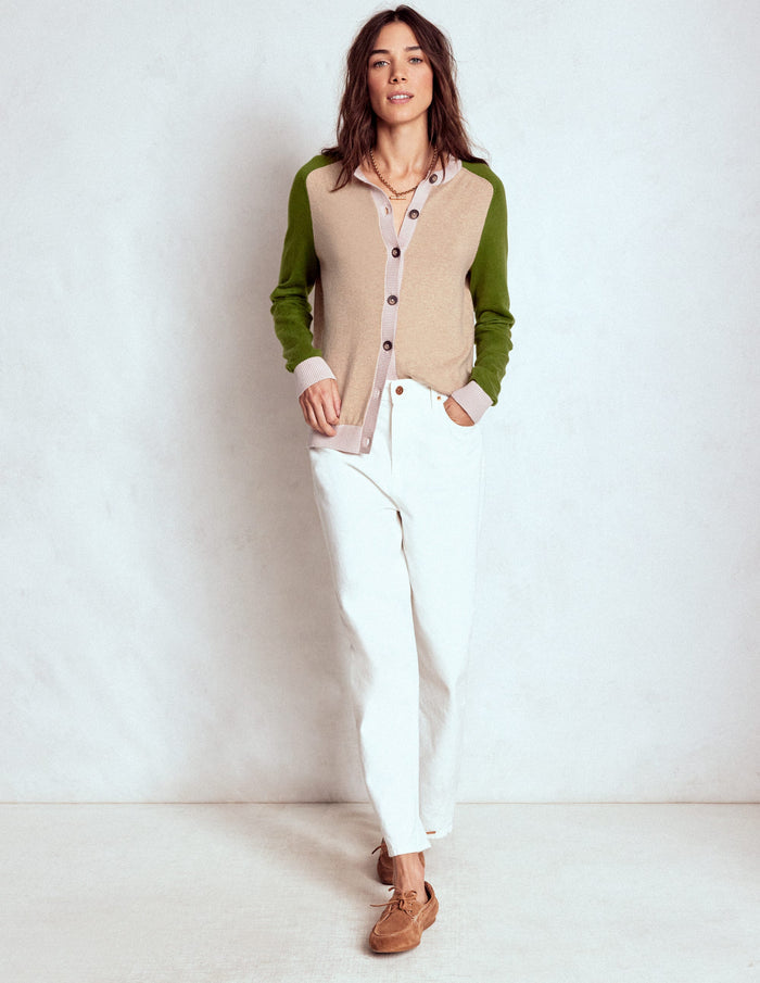 Meg Raglan Sleeve Cardigan Oatmeal, Green Colour Block