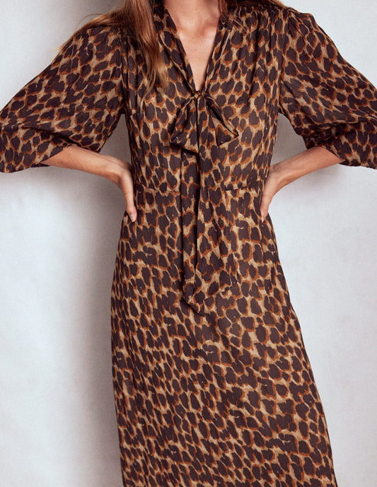 Brooke Tie Neck Tea Dress Sand, Abstract Leopard Spot