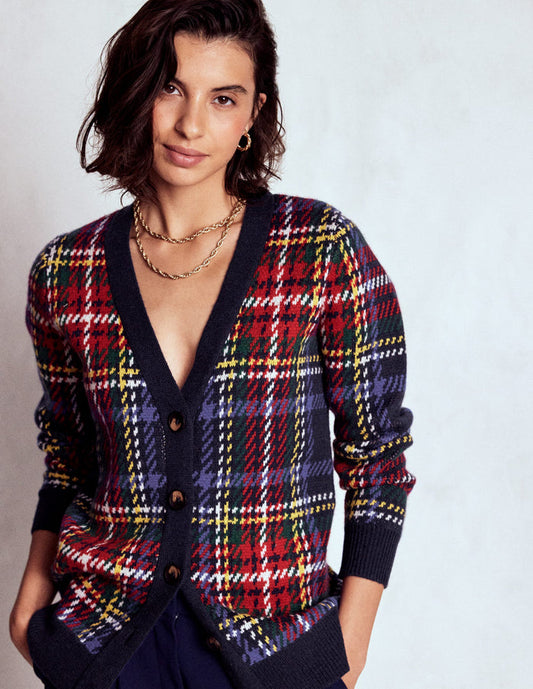 Quinn Boyfriend Cardigan Navy, Green and Red Check