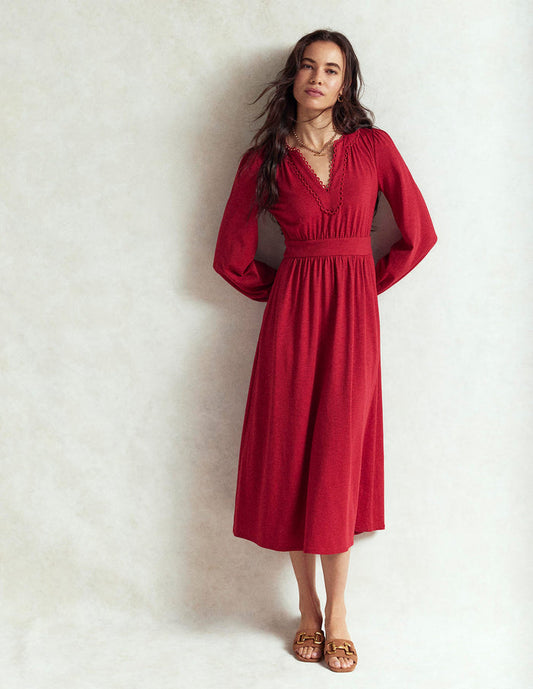 Maddie Picot Trim Midi Dress Carmine Red